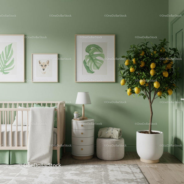Botanical Green Wall Art and Lemon Tree in Modern Nursery