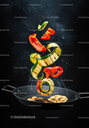 Fresh Vegetables Tossed in Black Frying Pan
