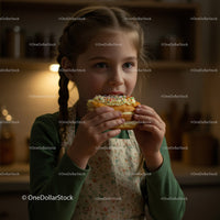 Girl Eating a Colorful Donut in a Cozy Kitchen