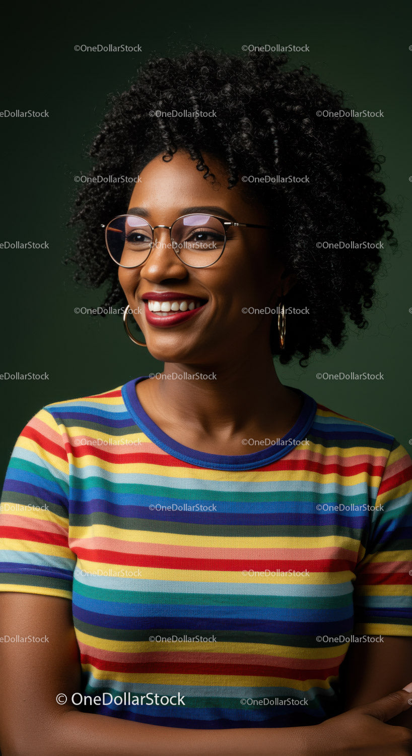 Stylish Woman with Curly Hair Wearing Colorful Striped Shirt and Glasses