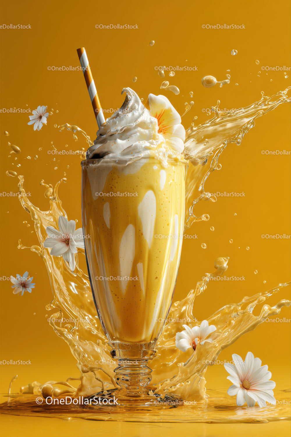 Yellow Tropical Fruit Smoothie with Whipped Cream and Splash Effect