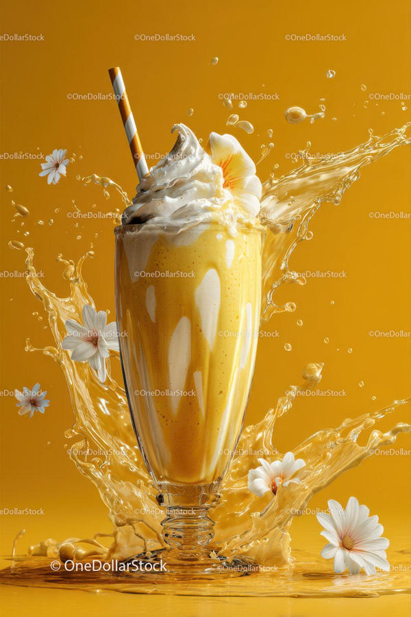 Żółte tropikalne smoothie owocowe z bitą śmietaną i efektem rozprysku
