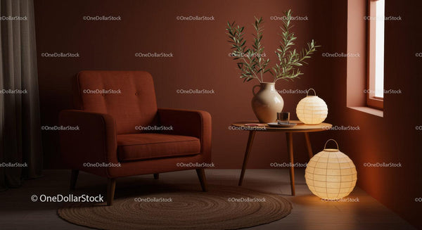 Cozy Living Room Corner with Warm Lighting and Earth Tones