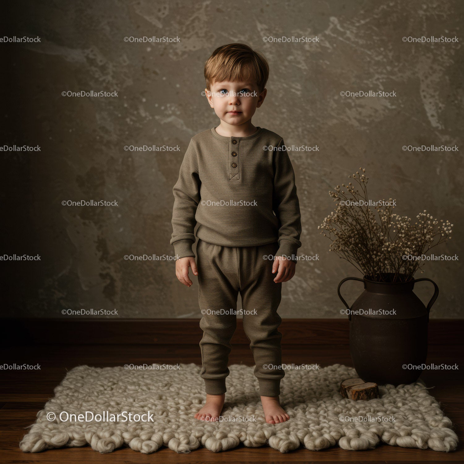 Toddler standing barefoot on soft rug in cozy outfit
