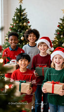 Happy children holding Christmas gifts by decorated trees