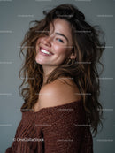 Portrait of a Smiling Woman with Curly Hair and Blue Eyes