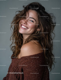 Portrait of a Smiling Woman with Curly Hair and Blue Eyes