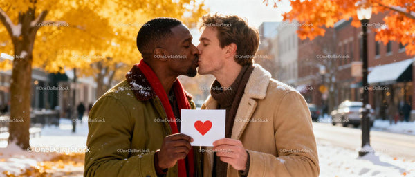 Couple Sharing a Tender Kiss with Heart Card Outdoors
