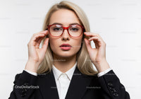 Businesswoman with Red Glasses and Blonde Hair in Studio