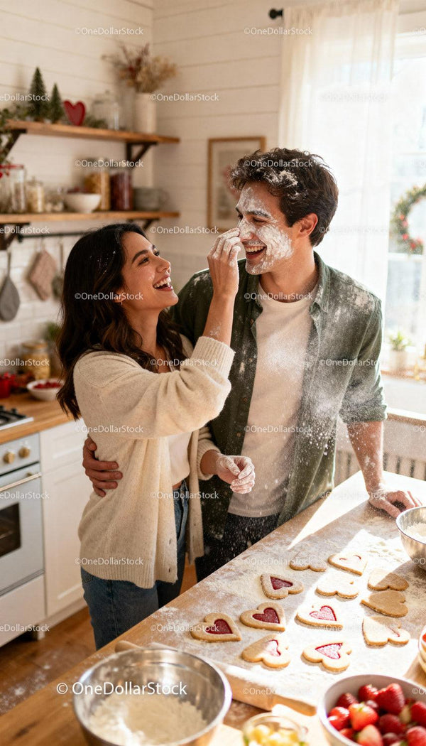 Couple playfully baking heart shaped cookies together
