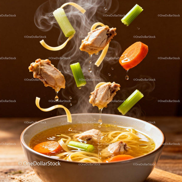 Hot chicken noodle soup with fresh vegetables steaming