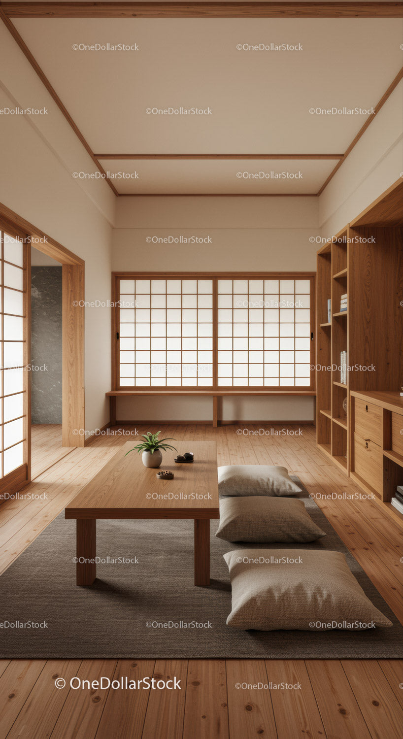 Minimalistyczny japoński pokój tatami z parawanami shoji i drewnianymi dekoracjami