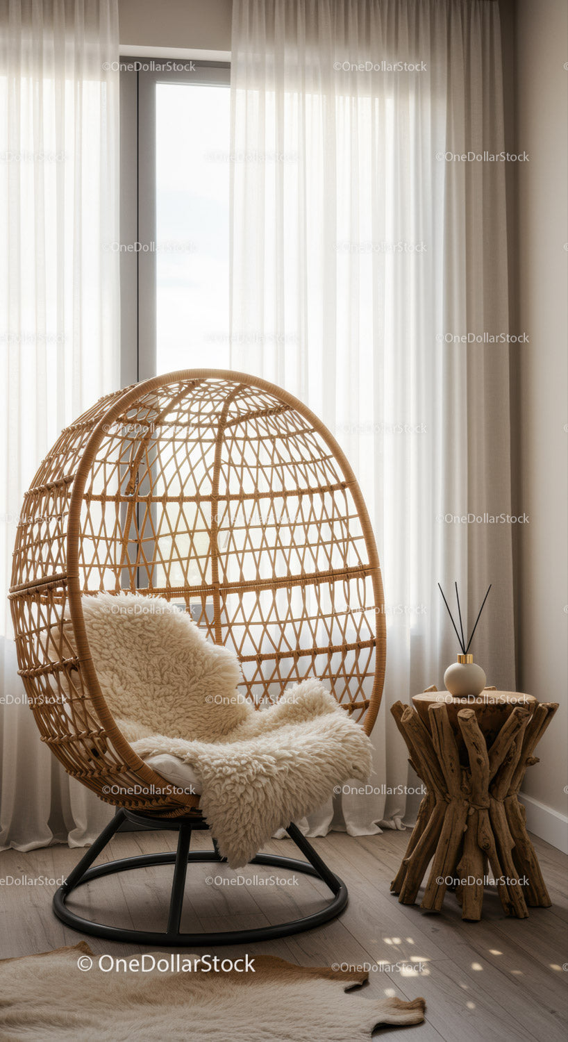 Cozy rattan egg chair with sheepskin in bright room