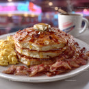 Sweet Pancakes with Bacon and Maple Syrup on a Breakfast Plate