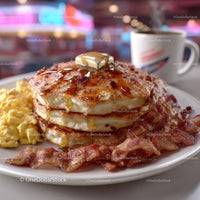 Sweet Pancakes with Bacon and Maple Syrup on a Breakfast Plate