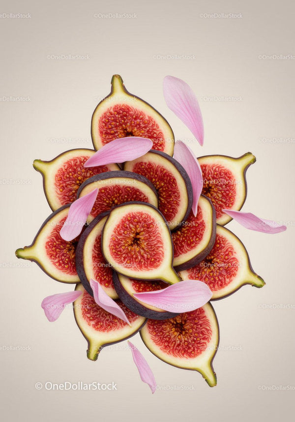 Fresh ripe fig slices with delicate pink petals