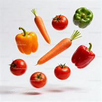 Fresh vibrant vegetables suspended on white background