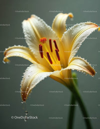 Close-up of a White Lily with Dew Drops and Vibrant Stamens