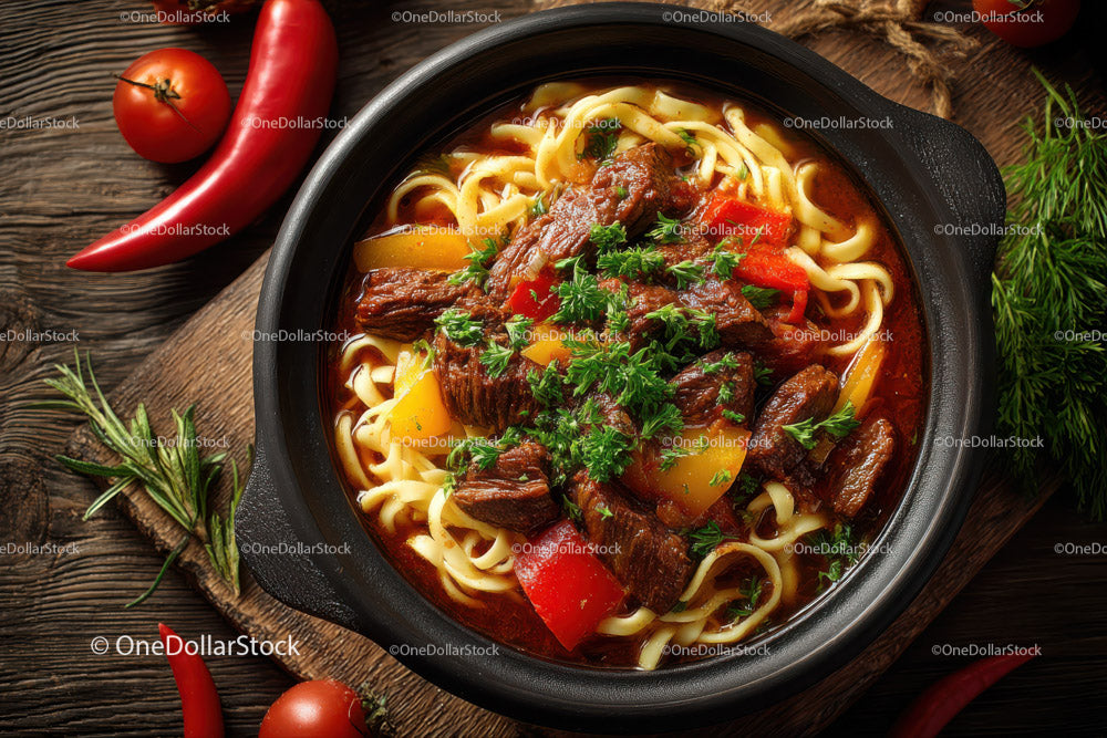 Beef and Mushroom Pasta in a Cast Iron Skillet with Cherry Tomatoes