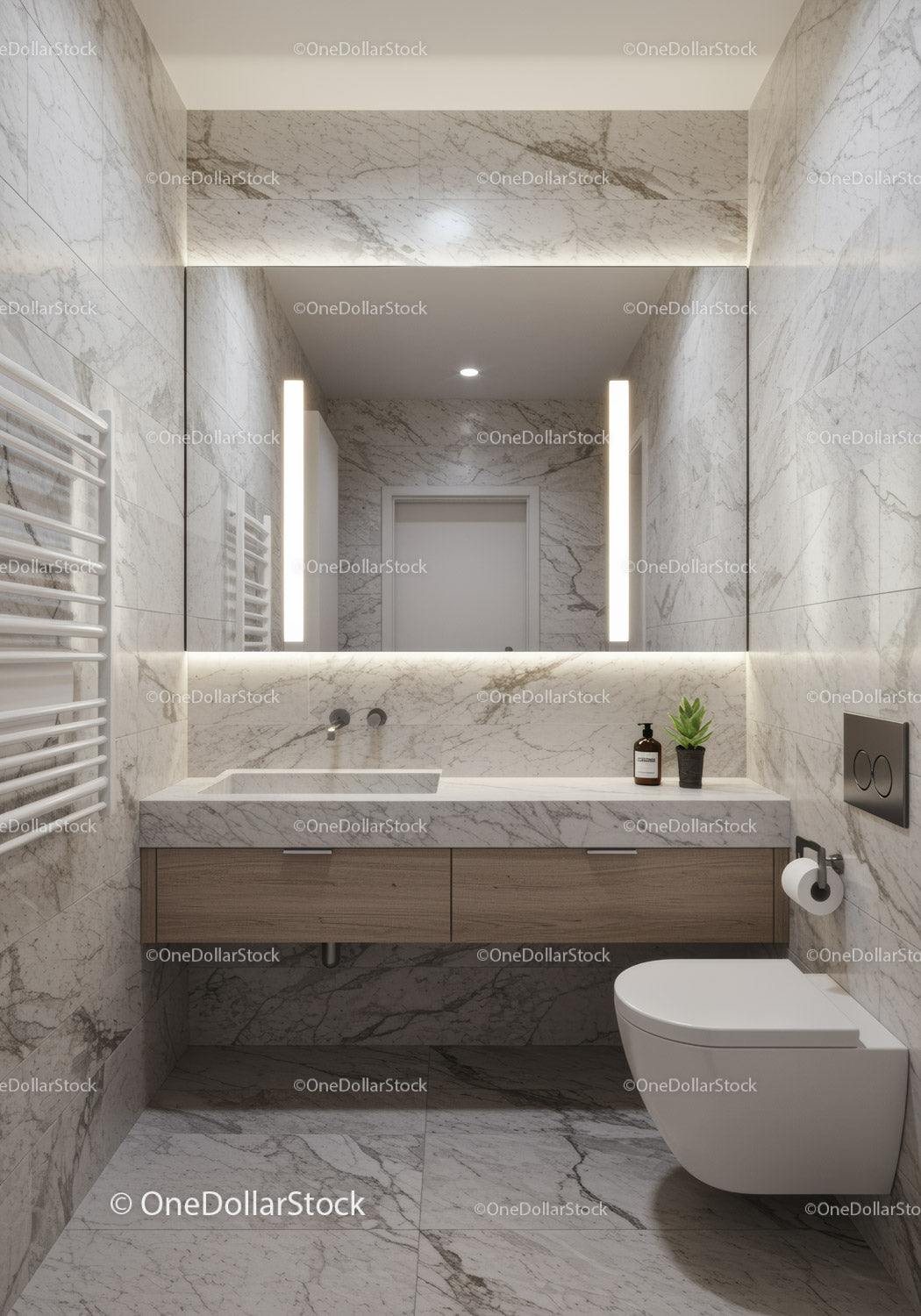 Luxurious Modern Bathroom with Marble Walls and Wooden Vanity