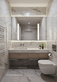 Luxurious Modern Bathroom with Marble Walls and Wooden Vanity