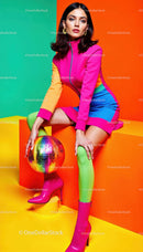 Vibrant Fashion Model in Colorful Outfit with Disco Ball in Studio