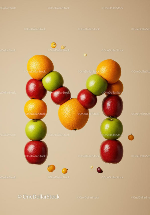 Alphabet Letter M Constructed from Fresh Fruits