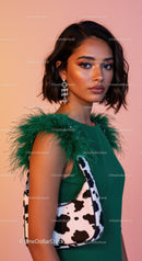 Elegant Woman in Green Feathers and Cow Print Handbag