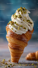 Creamy Soft Serve Ice Cream with Pistachios on Croissant Cone