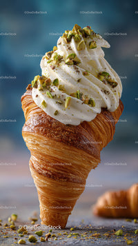 Creamy Soft Serve Ice Cream with Pistachios on Croissant Cone