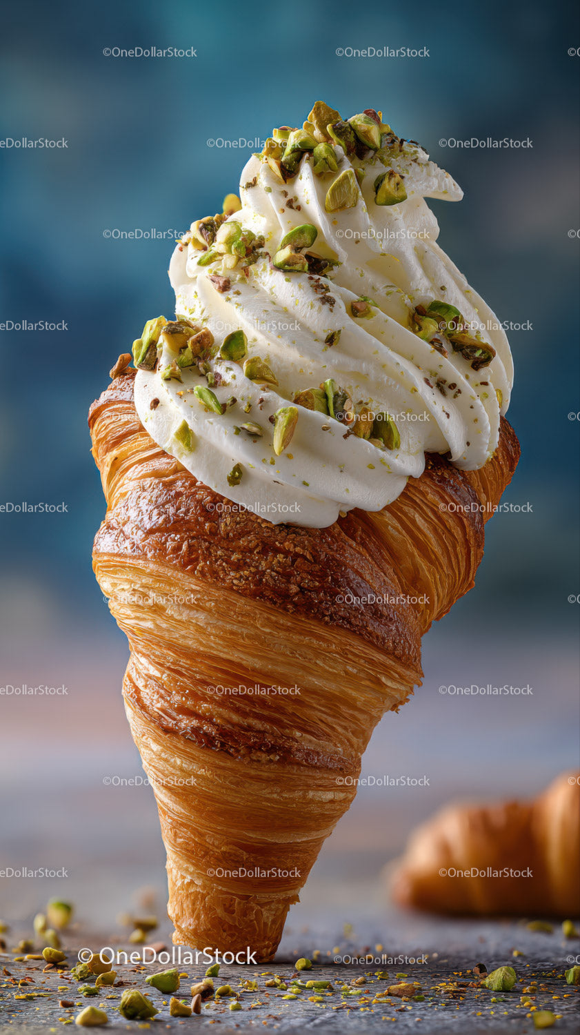 Creamy Soft Serve Ice Cream with Pistachios on Croissant Cone
