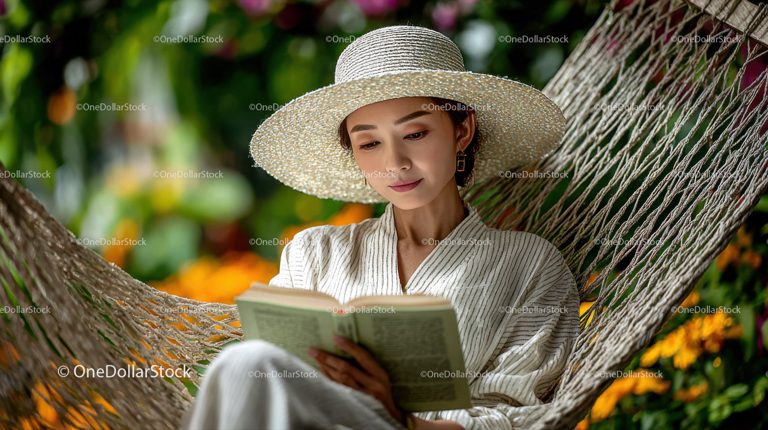 Woman Reading Book in Hammock Amidst Colorful Garden During Day