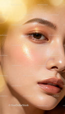 Close-up of radiant woman with glowing golden makeup