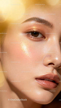 Close-up of radiant woman with glowing golden makeup