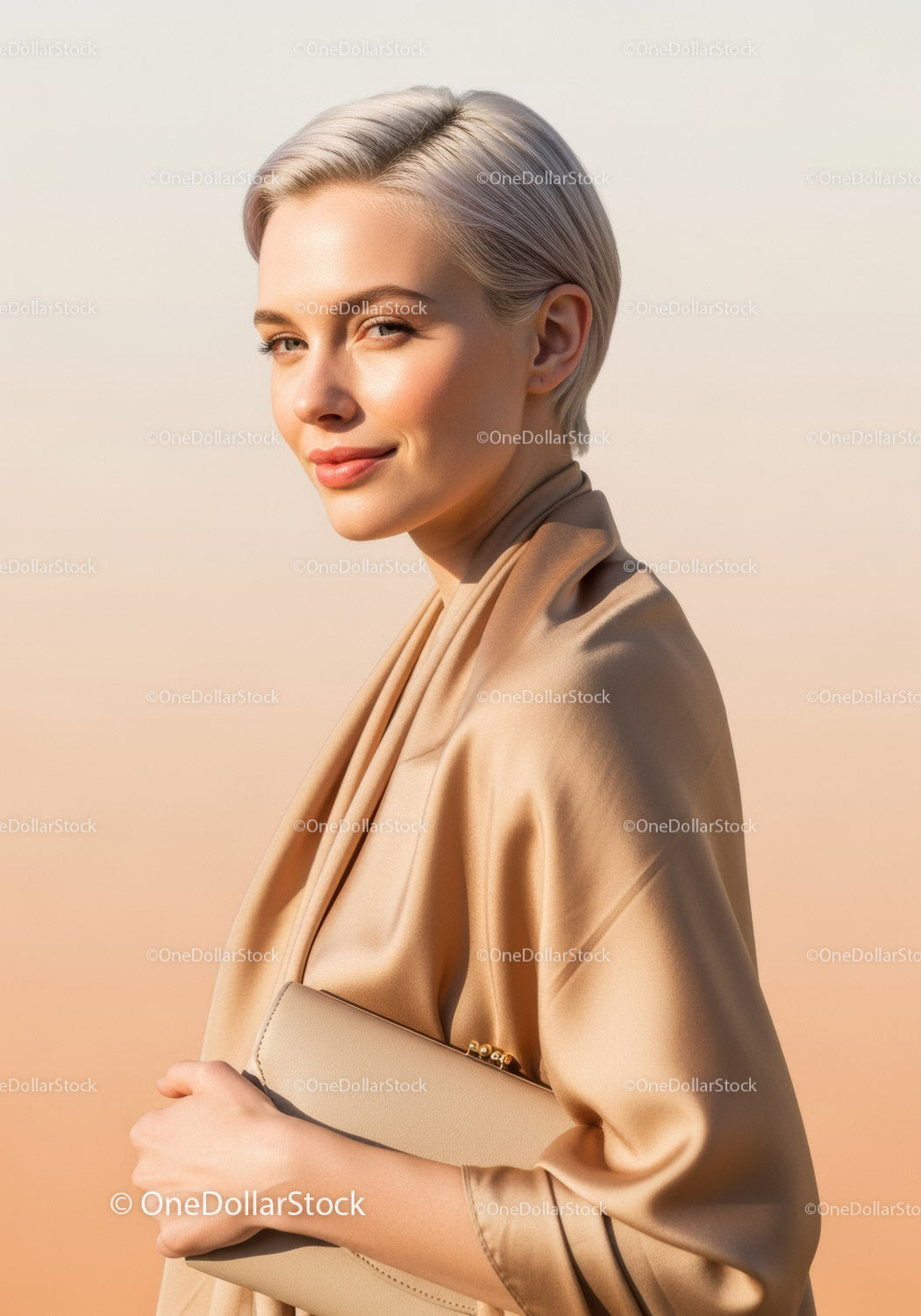 Elegant Blonde Woman with Beige Silk Blouse and Blonde Short Hair