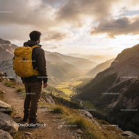 Hiker enjoying vast mountain valley at golden hour