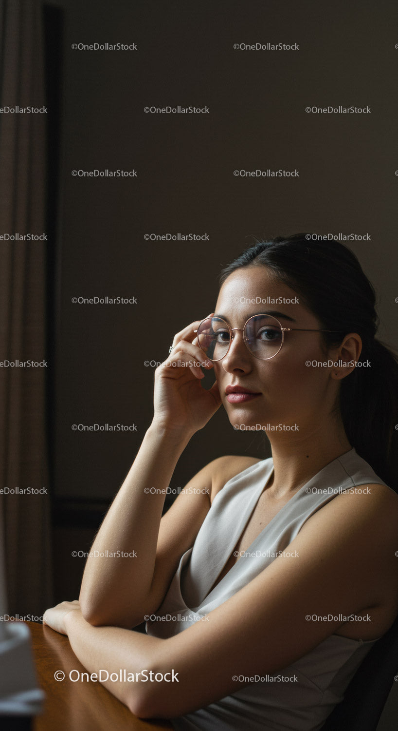 Elegant Young Woman Wearing Glasses in Indoor Portrait