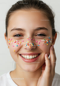 Young Girl with Bright Smile and Colorful Sprinkles for Joyful Occasion