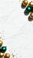 Golden and Green Christmas Baubles on Marble Surface