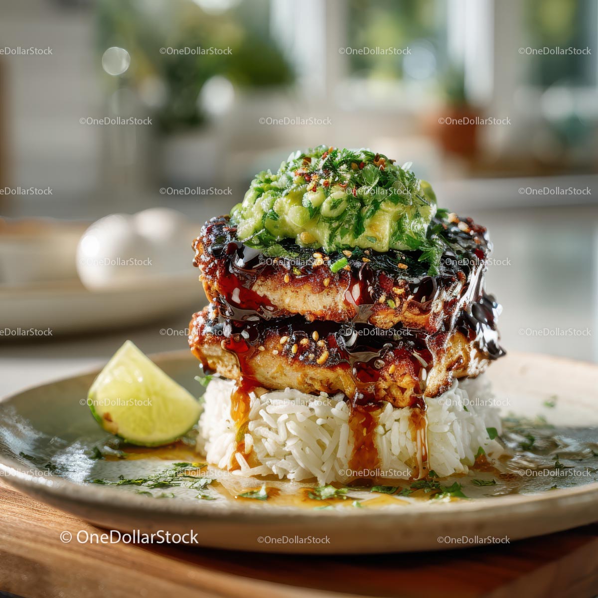 Savory Grilled Chicken with Avocado on a Bed of Rice