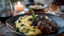 Juicy Steak with Mashed Potatoes and Herb Garnish in Elegant Restaurant