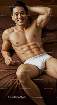 Smiling Fit Man Relaxing on Brown Bed in White Underwear