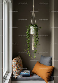 Indoor Hanging Plant in Macrame Holder with Cushions in Cozy Nook