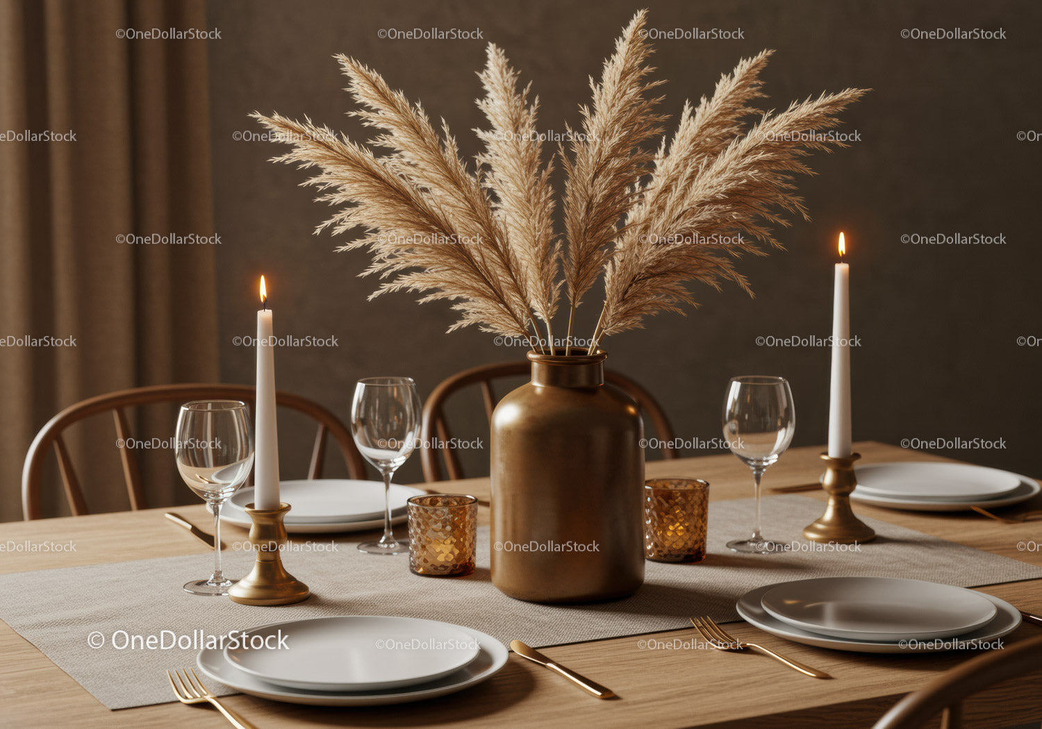Stylish Dining Table with Pampas Grass Vase and Candlelit Ambience