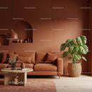 Cozy Terracotta Living Room with Monstera Plant and Modern Decor