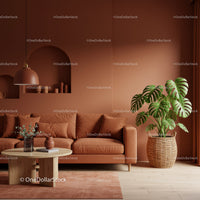 Cozy Terracotta Living Room with Monstera Plant and Modern Decor