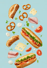 Fresh hot dogs with pretzels and summer ingredients