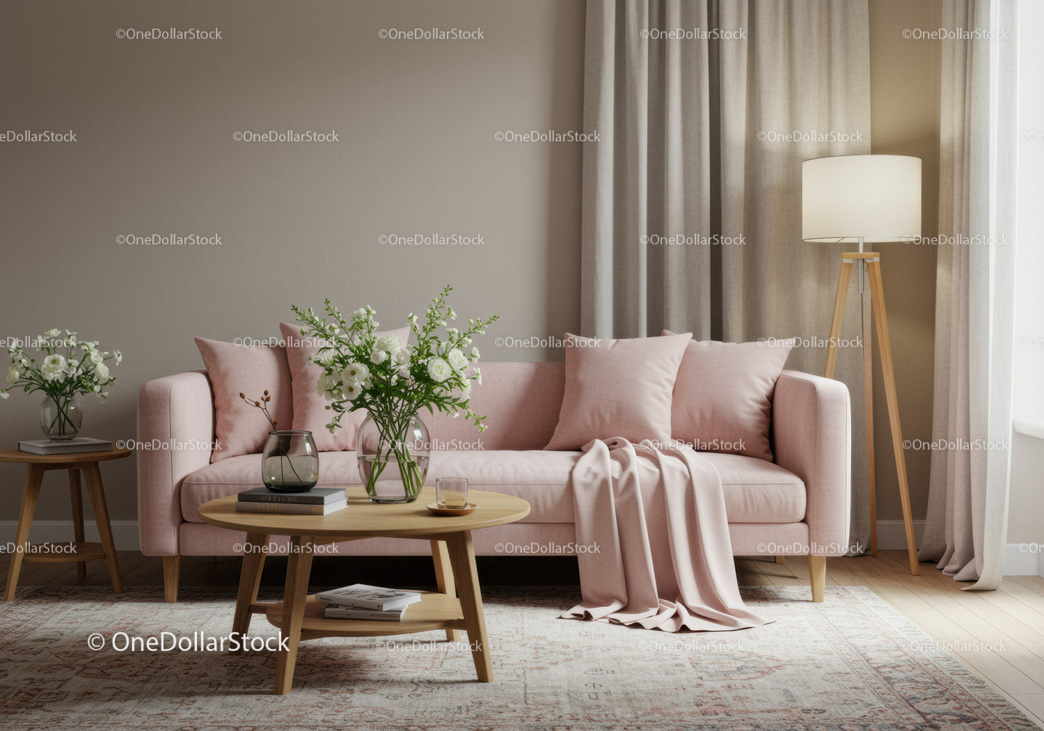 Przytulny salon z różową sofą i delikatnym oświetleniem