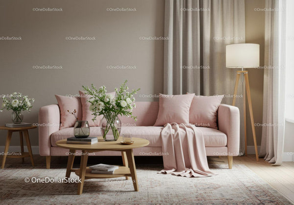 Cozy Living Room with Blush Pink Sofa and Soft Lighting