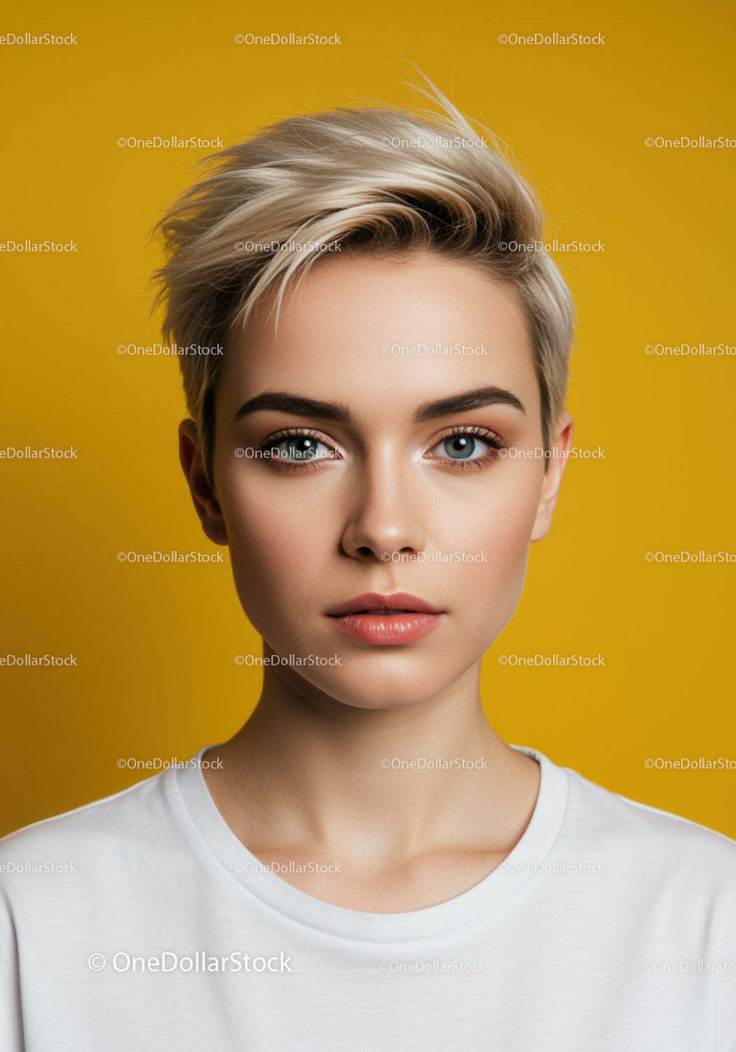 Beautiful Young Woman with Short Blonde Hair and Blue Eyes